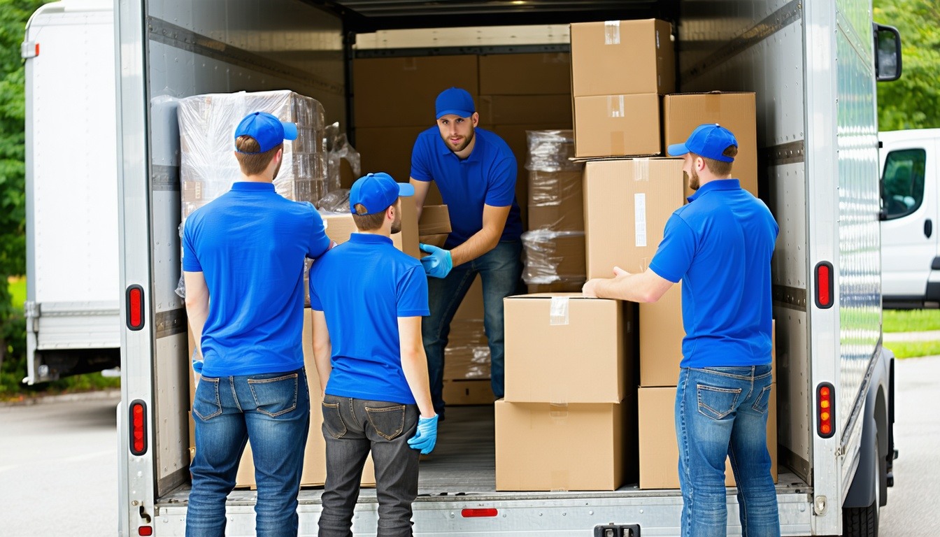 moving company with a team wearing blue shirts loading a moving truck with furniture